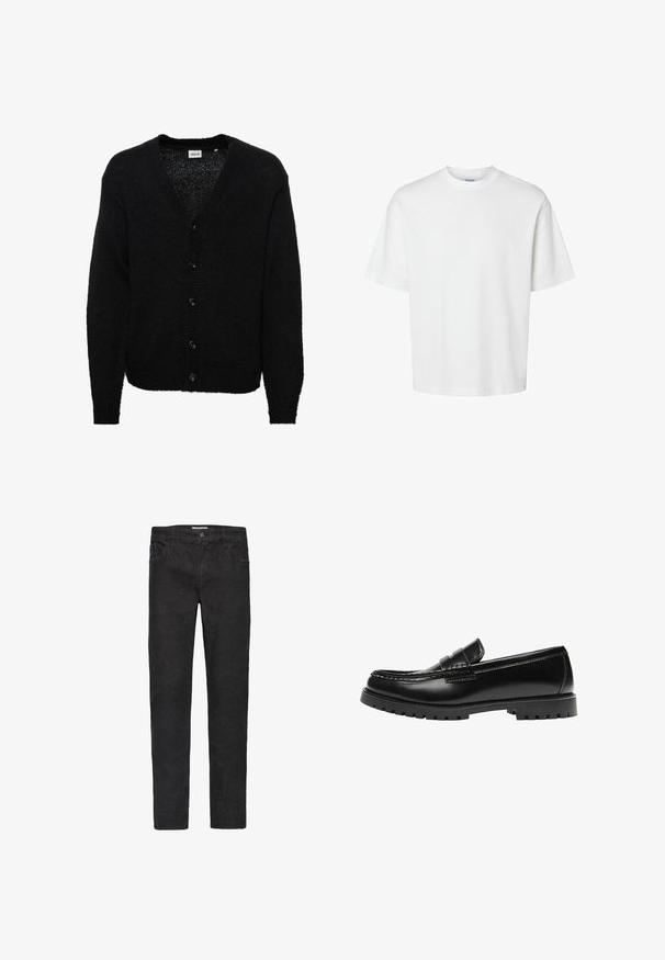 Gilet en laine noir avec un décolleté en V, des manches longues et six boutons à l'avant. Il présente une texture douce ainsi que des poignets et un ourlet côtelés.; T-shirt blanc uni à manches courtes, col rond et coupe décontractée, présenté sur un fond blanc.; Jean en denim noir avec une coupe droite. Les caractéristiques incluent cinq poches, une fermeture à bouton et une couture discrète le long des coutures.; Mocassin en cuir noir avec une semelle en caoutchouc épaisse et un détail classique de bride à monnaie, vu de côté extérieur.