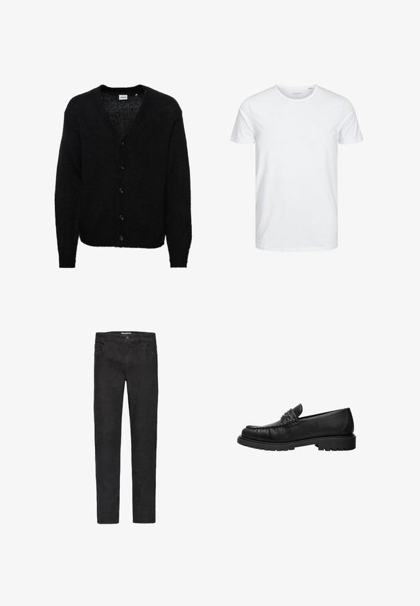 Sort uld cardigan med V-hals, lange ærmer og seks frontknapper. Har en blød tekstur samt ribbede manchetter og kant.; Rundhals kortærmet t-shirt i ensfarvet hvid, lavet af blød bomuld, har et simpelt design uden synlige mønstre eller detaljer.; Sorte denim jeans med lige ben. Funktioner inkluderer fem lommer, knaplukning og diskrete syninger langs sømmene.; Sort læderloafer med syninger på toppen, nitter på remmen og tyk gummisål, vist i profil på hvid baggrund.