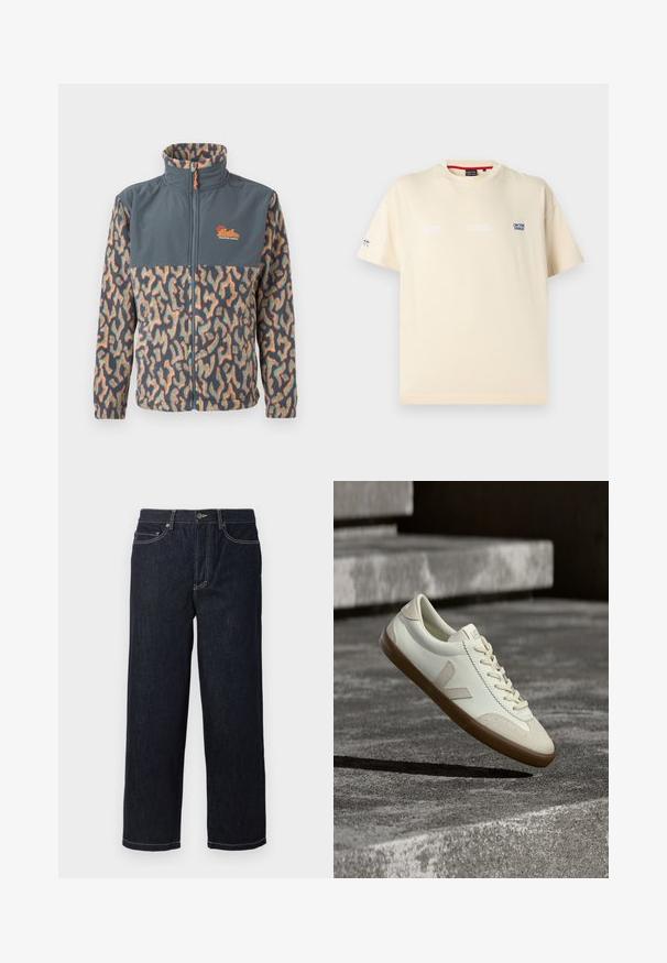 Fleecejack met volledige ritssluiting, hoge kraag, effen donkergrijs op de bovenborst, en een multicolor abstract patroon op de mouwen en het onderste deel van het lichaam.; Beige T-shirt met korte mouwen en een ronde hals, bedrukt met kleine blauwe en witte tekst "ON THE TRACK" op de borst en een logo op de linker mouw.; Donkerblauwe rechte denim jeans met vijf zakken en witte contraststiksels, knoopsluiting en riemlussen.; Witte leren sneakers met een bruine rubberen zool, platte veters en een V-vormig accent aan de zijkant. Ze hebben een glad oppervlak en minimale stikdetails.