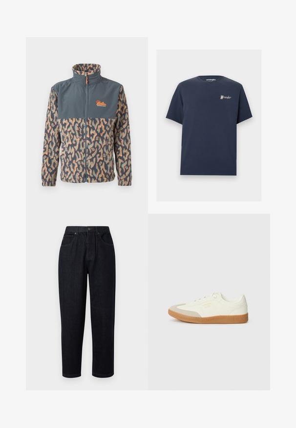 Chaqueta de forro polar con cremallera completa, cuello alto, parte superior del pecho en gris oscuro sólido y patrón abstracto multicolor en las mangas y la parte inferior del cuerpo.; Camiseta azul marino de manga corta con cuello redondo, con pequeño logo de Wrangler bordado en blanco y marrón en el lado izquierdo del pecho.; Pantalones de mezclilla azul oscuro de corte relajado, con cierre de botón y cremallera, dos bolsillos frontales y detalles de costura.; Zapatilla de cuero blanca con puntera beige y suela de goma marrón claro. Presenta cordones planos blancos y una marca en relieve en el lateral.