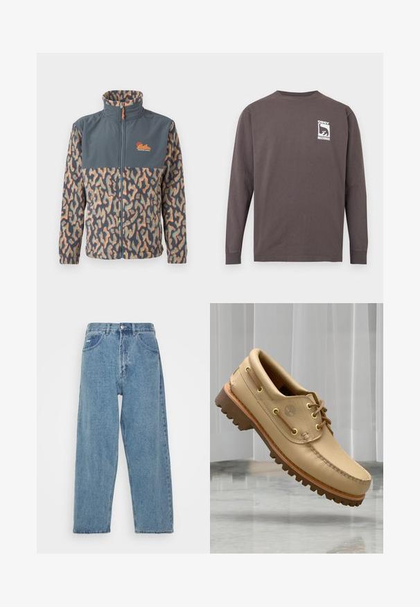 Fleecejack met volledige ritssluiting, hoge kraag, effen donkergrijs op de bovenborst, en een multicolor abstract patroon op de mouwen en het onderste deel van het lichaam.; Donkergrijs shirt met lange mouwen en ronde hals, met wit "OBEY RECORDS" logo en gestileerde gezichtsafbeelding op de linkerborst.; Lichtblauwe denim jeans met een hoge taille, ontspannen pasvorm, met twee zijzakken, een achterzak met patch en een knoopsluiting.; Lichtbruine leren bootschoen met een dikke, geribbelde zool en veterdetails, zwevend boven een marmeren vloer en een achtergrond van witte verticale jaloezieën.