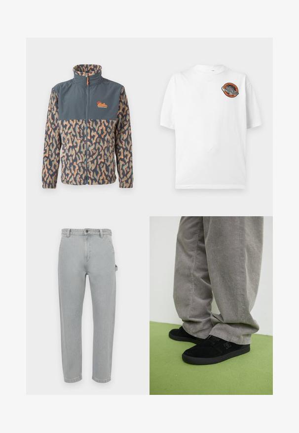 Chaqueta de forro polar con cremallera completa, cuello alto, parte superior del pecho en gris oscuro sólido y patrón abstracto multicolor en las mangas y la parte inferior del cuerpo.; Camiseta blanca de manga corta con un pequeño parche redondo de temática espacial que presenta un cohete y el texto "High Balance Athletics Since 1908" en el pecho.; Vaqueros de mezclilla gris claro con un corte recto. Presentan una cintura clásica, cinco bolsillos y un sutil desgaste para dar textura.; Zapatillas de skate de ante negro con un acabado texturizado y un logo, combinadas con pantalones de pana gris con una textura acanalada. Superficie del suelo en verde.