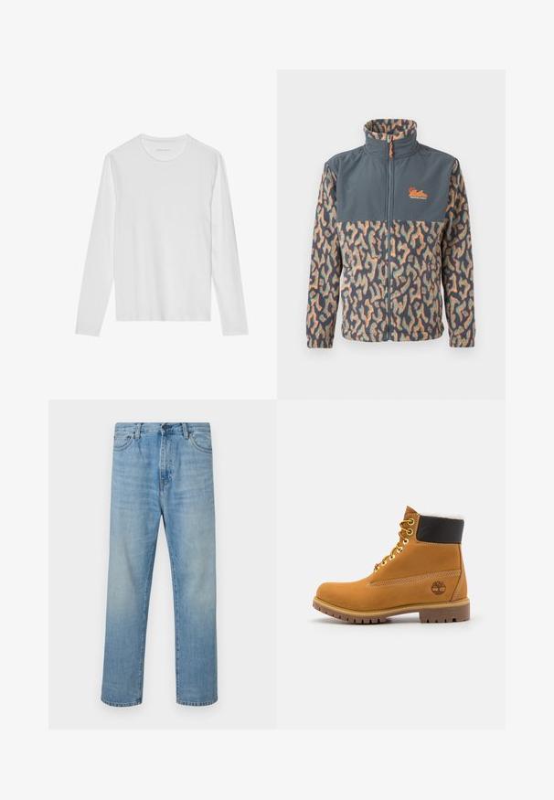 Chaqueta de forro polar con cremallera completa, cuello alto, parte superior del pecho en gris oscuro sólido y patrón abstracto multicolor en las mangas y la parte inferior del cuerpo.; Camiseta blanca de manga larga hecha de algodón suave, con cuello redondo y una textura lisa sin patrones ni detalles visibles.; Vaqueros azul claro de pierna recta con cinco bolsillos y cierre de botón, presentados planos sobre un fondo blanco.; Botín de cuero marrón con ojales de metal, forro de piel sintética blanca, cuello acolchado negro, suela resistente y logotipo en relieve en el costado.