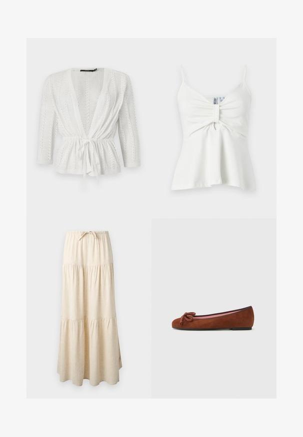 Cardigan blanc en tricot avec devant ouvert, manches longues, motif texturé et ceinture nouée à la taille.; Camisole blanche sans manches avec fines bretelles, devant central froncé avec détail en boucle de tissu et ourlet légèrement évasé.; Jupe maxi beige à volants avec ceinture élastique et cordon de serrage, présentant un tissu fluide et froncé.; Ballet flat en cuir suédé marron avec un bout arrondi, dotée d'un nœud décoratif à l'avant et d'une doublure intérieure rose contrastante. Semelle plate.