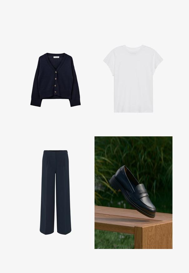 Sofie Schnoor Strickjacke - navy blue; Weißes kurzärmliges T-Shirt mit Rundhalsausschnitt, lockerer Passform, aus weichem Baumwollstoff. Glatte Textur, keine Muster oder Logos.; Weite Hose in Dunkelblau, aus glattem Stoff, mit maßgeschneiderten Falten und hohem Taillendesign. Keine sichtbaren Taschen oder Verzierungen.; Schwarze Lederloafer mit glatter Textur, einem genähten Design und niedrigem Absatz, präsentiert auf einer Holzoberfläche mit grünem Hintergrund.