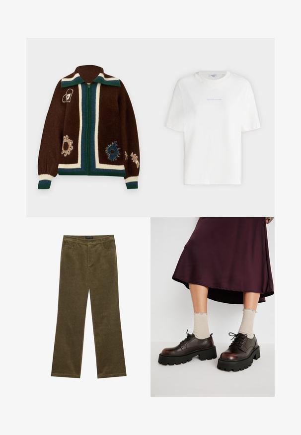 Brun trøje med lynlås, med grønne, hvide og blå striber, bred krave og abstrakte blomster- og hjerte-mønstre på fronten og ærmerne.; Hvid t-shirt med korte ærmer og rund hals med lille lyseblå tekst "Marc O'Polo Denim" centreret på brystet.; Olivengrønne fløjl bukser med flared ben, fem lommer, synlig syning og knaplukning i taljen for en sikker pasform.; Brune læder platform sko med tykke sorte såler, parret med ribbet beige strømper med bølgede kanter, mod en afdæmpet baggrund.