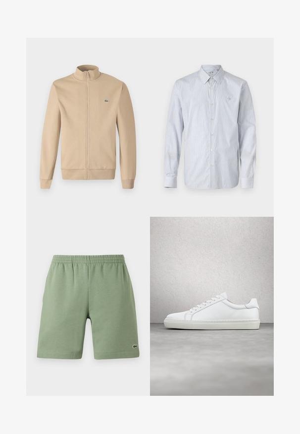 Beige zip-up jas met een rechtopstaande kraag, zachte stof, ribgebreide manchetten en een klein groen Lacoste-logo op de borst. Eenvoudig en minimalistisch ontwerp.; Gestreept overhemd met lange mouwen in lichtblauw en wit katoenmix. Heeft een knoopsluiting, een klassieke kraag en een klein geborduurd logo op de borst.; Groene katoenen shorts met een elastische tailleband, ontspannen pasvorm en een klein geborduurd logo aan de onderkant aan de linkerzijde. Gladde textuur, geen zakken.; Witte sneaker met een gladlederen bovenwerk en een laag profiel. Voorzien van een ronde neus, zes vetergaatjes en een gestructureerde rubberen zool.