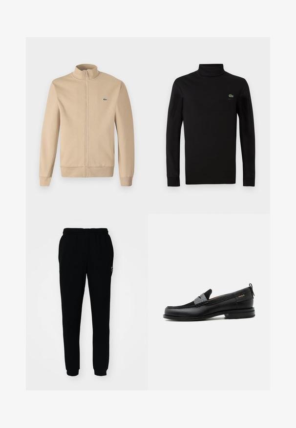 Beige Zip-Jacke mit Stehkragen, weichem Stoff, gerippten Bündchen und einem kleinen grünen Lacoste-Logo auf der Brust. Einfaches und minimalistisches Design.; Schwarzes langärmeliges Turtleneck aus glattem Baumwollstoff, mit einem kleinen grünen Krokodil-Logo auf der linken Brust.; Schwarze Jogginghose mit elastischem Bund und Bündchen. Aus weichem Stoff gefertigt, mit einem kleinen Logo auf der oberen linken Seite.; Schwarzer Lederloafer mit grauem Riemendetail, niedrigem Absatz und strukturierter Sohle, seitlich mit „HUGO“ in Gold gebrandmarkt.