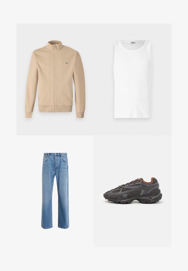 Beige Zip-Jacke mit Stehkragen, weichem Stoff, gerippten Bündchen und einem kleinen grünen Lacoste-Logo auf der Brust. Einfaches und minimalistisches Design.; Weißes Baumwoll-Tanktop ohne Ärmel mit Rundhalsausschnitt und glatter Textur. Einfaches Design, ohne Muster oder Akzente.; Helle blaue Jeans im Geradeschnitt-Design, mit fünf Taschen, Knopfverschluss, minimaler Ausbleichung und kontrastierenden Nähdetails.; Lacoste Sneaker in Dunkelgrau aus Mesh und Synthetikmaterial, mit einer strukturierten Sohle und braunen Akzenten am Kragen und Logo.