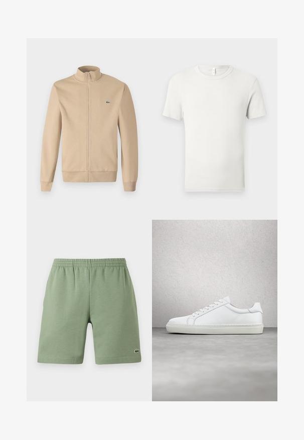 Beige Zip-Jacke mit Stehkragen, weichem Stoff, gerippten Bündchen und einem kleinen grünen Lacoste-Logo auf der Brust. Einfaches und minimalistisches Design.; Einfaches weißes T-Shirt mit kurzen Ärmeln und Rundhalsausschnitt, flach auf einem hellgrauen Hintergrund ausgebreitet, mit einem kleinen Stoffetikett am Kragen.; Grüne Baumwollshorts mit elastischem Bund, lässiger Passform und kleinem gesticktem Logo auf der unteren linken Seite. Glatte Textur, keine Taschen.; Weißer Sneaker mit glattem Lederobermaterial und niedrigem Profil. Verfügt über eine runde Zehenpartie, sechs Ösen und eine strukturierte Gummisohle.