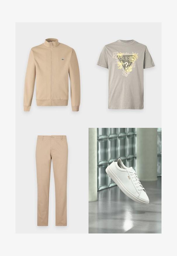 Chaqueta beige con cremallera y cuello alzado, fabricada en tejido suave, puños acanalados y un pequeño logotipo verde de Lacoste en el pecho. Diseño simple y minimalista.; Camiseta de algodón gris con un gráfico triangular que incluye la palabra "GUESS" y detalles florales en amarillo. Cuello redondo, mangas cortas y corte estándar.; Pantalones beige de algodón con corte recto, que cuentan con un cierre frontal de botones, bolsillos laterales y detalles de textura sutil.; Zapatilla deportiva de piel blanca de corte bajo con cordones, lengüeta negra en el talón y logo "BOSS", flotando en interiores cerca de una pared de bloques de vidrio y suelo pulido.