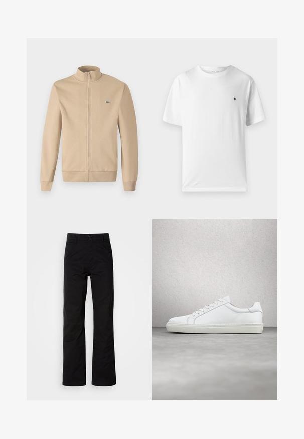 Chaqueta beige con cremallera y cuello alzado, fabricada en tejido suave, puños acanalados y un pequeño logotipo verde de Lacoste en el pecho. Diseño simple y minimalista.; Camiseta blanca de algodón con cuello redondo, mangas cortas y un pequeño logo negro en el pecho. Textura suave, corte casual.; Pantalones de algodón negros con un diseño de pierna recta, que cuentan con un cierre de botón y lazos para cinturón. Textura suave y estilo minimalista sin patrones visibles.; Zapatilla blanca con parte superior de cuero liso y perfil bajo. Presenta una puntera redondeada, seis ojales y una suela de goma texturizada.