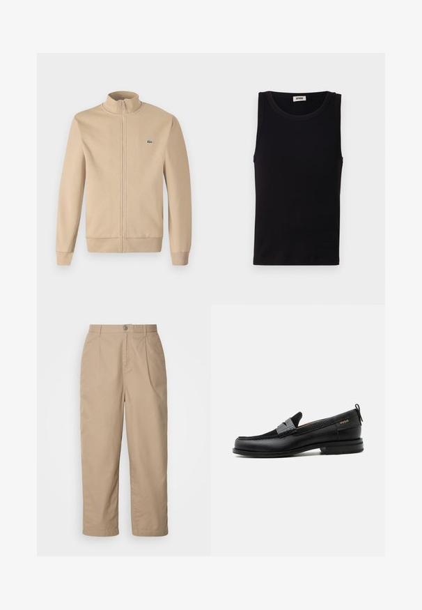 Beige zip-jakke med opretstående krave, blødt stof, ribbede manchetter og et lille grønt Lacoste-logo på brystet. Enkel og minimalistisk design.; Sort sansædet tanktop lavet af blød bomuld. Har en rund halsudskæring og lige pasform, med minimal syningdetalje.; Beige, lette bomuldsbukser med plisset front, knaplukning og lige ben, der har en glat tekstur og ingen synlige mønstre.; Sort læderloafer med grå remdetalje, lav hæl og tekstureret sål, mærket med "HUGO" i guld på siden.