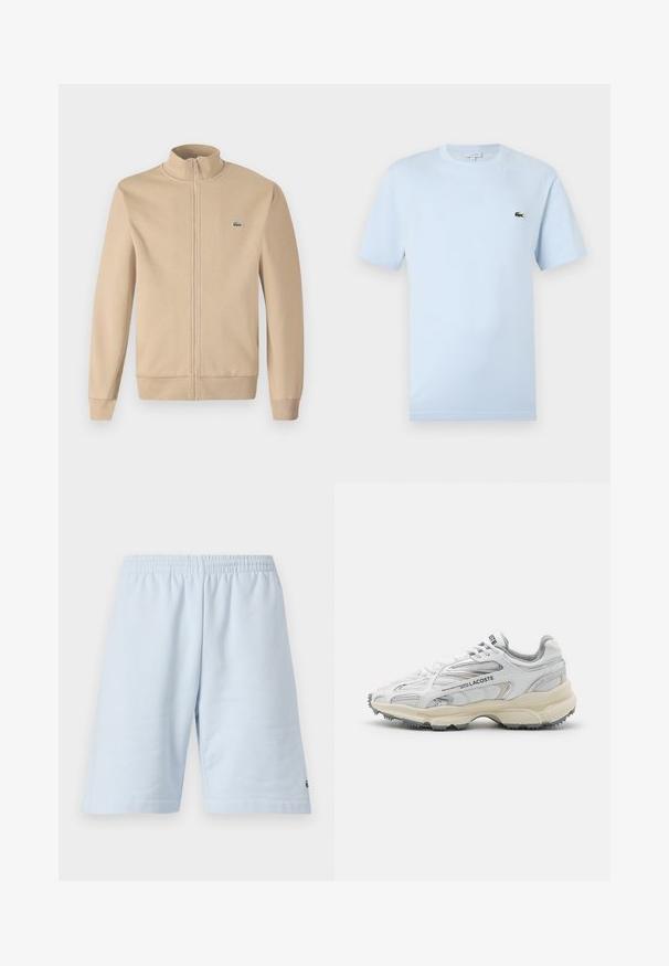 Beige Zip-Jacke mit Stehkragen, weichem Stoff, gerippten Bündchen und einem kleinen grünen Lacoste-Logo auf der Brust. Einfaches und minimalistisches Design.; Helles blaues T-Shirt mit kurzen Ärmeln aus weichem Baumwollmaterial. Verfügt über ein kleines grünes gesticktes Krokodil-Logo auf der Brust.; Helle blaue Baumwollshorts mit elastischem Bund. Einfaches, einfarbiges Design und offener Saum. Logo-Verzierung am unteren Saum.; Weiße Sportschuhe mit grauen Akzenten, Obermaterial aus Mesh und Synthetik, Schnürdesign und rutschfester Gummisohle mit Strukturmustern.