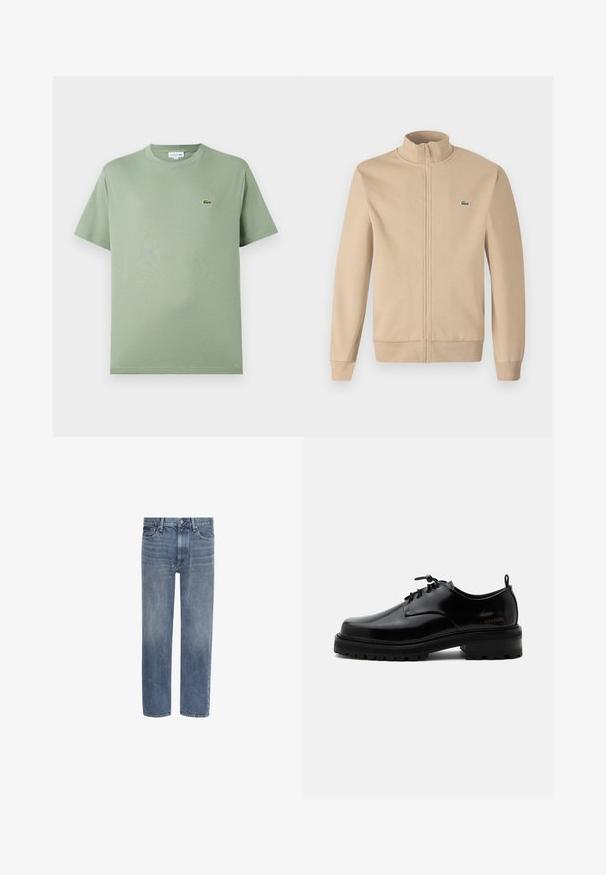 Beige zip-jakke med opretstående krave, blødt stof, ribbede manchetter og et lille grønt Lacoste-logo på brystet. Enkel og minimalistisk design.; Lysegrøn bomulds T-shirt med rund halsudskæring, korte ærmer og et lille logo på venstre bryst. Glat tekstur, standard pasform.; Blå straight-leg denim jeans med forlommer, bæltestropper og knaplukning.; Sort poleret læder snørestøvle med tyk gummisål og lav hæl, sideskilt med mærketekst "SAMSOE" og bageste træksnor.