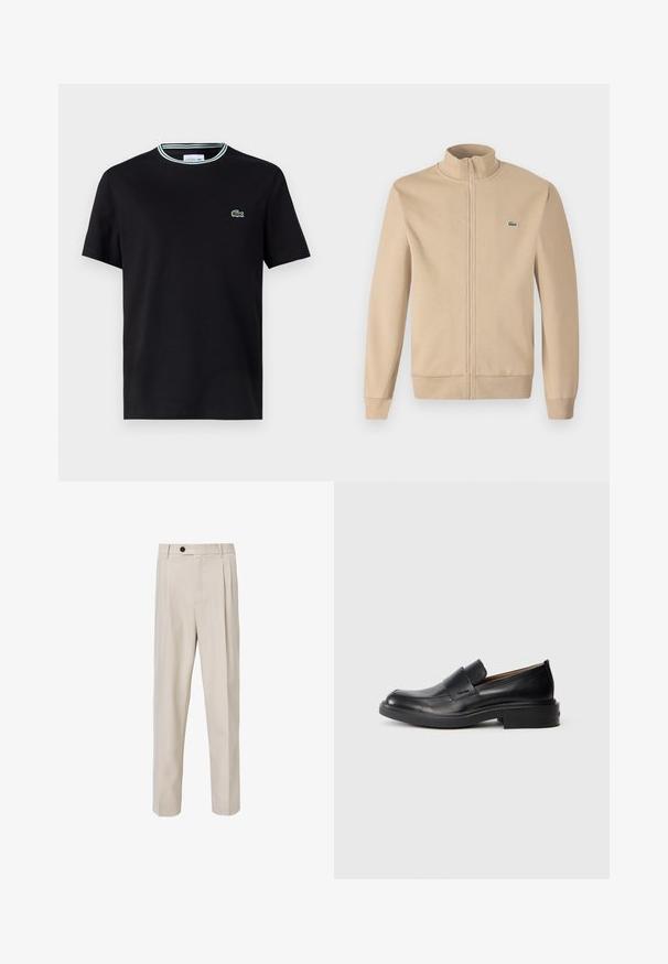 Beige zip-jakke med opretstående krave, blødt stof, ribbede manchetter og et lille grønt Lacoste-logo på brystet. Enkel og minimalistisk design.; Sort bomulds t-shirt med rund hals, der har en hvid og grøn stribet kant, samt et broderet grønt krokodille-logo på venstre bryst.; Beige skræddersyede bukser med lige ben-design, der har frontplisseringer, knaplukning og en glat tekstur.; Sorte læder slip-on dress sko med lav hæl og subtil Calvin Klein logo på siden, vist i profil på en hvid baggrund.