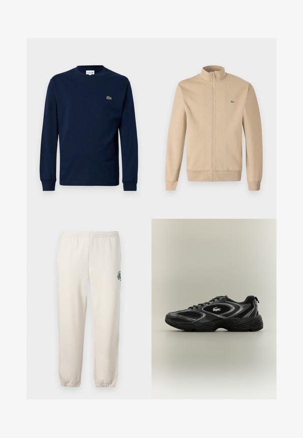 Chaqueta beige con cremallera y cuello alzado, fabricada en tejido suave, puños acanalados y un pequeño logotipo verde de Lacoste en el pecho. Diseño simple y minimalista.; Camiseta de manga larga azul marino hecha de algodón, con cuello redondo y un pequeño logo de cocodrilo verde en el lado izquierdo del pecho.; Pantalones de chándal de color beige claro, hechos de algodón, con una cinturilla elástica, puños acanalados y un logo verde con diseño de hoja en la pierna izquierda.; Zapatilla deportiva negra y gris con paneles de malla, diseño de cordones, suela gruesa y un pequeño logo de cocodrilo en el costado.