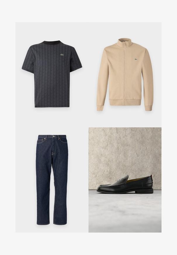 Beige zip-up jas met een rechtopstaande kraag, zachte stof, ribgebreide manchetten en een klein groen Lacoste-logo op de borst. Eenvoudig en minimalistisch ontwerp.; Zwarte korte mouwen t-shirt met een geometrisch patroon en een groene krokodillenlogo, met een effen zwarte ronde hals.; Donkerblauwe denim jeans met een rechte pijpdesign. Beschikt over een knoop- en ritssluiting, vijf zakken en contrasterende stikdetails.; Zwarte leren herenslipper met een krokodillen-embossed voorblad en een lage hak, zij-aanzicht op een neutrale achtergrond.