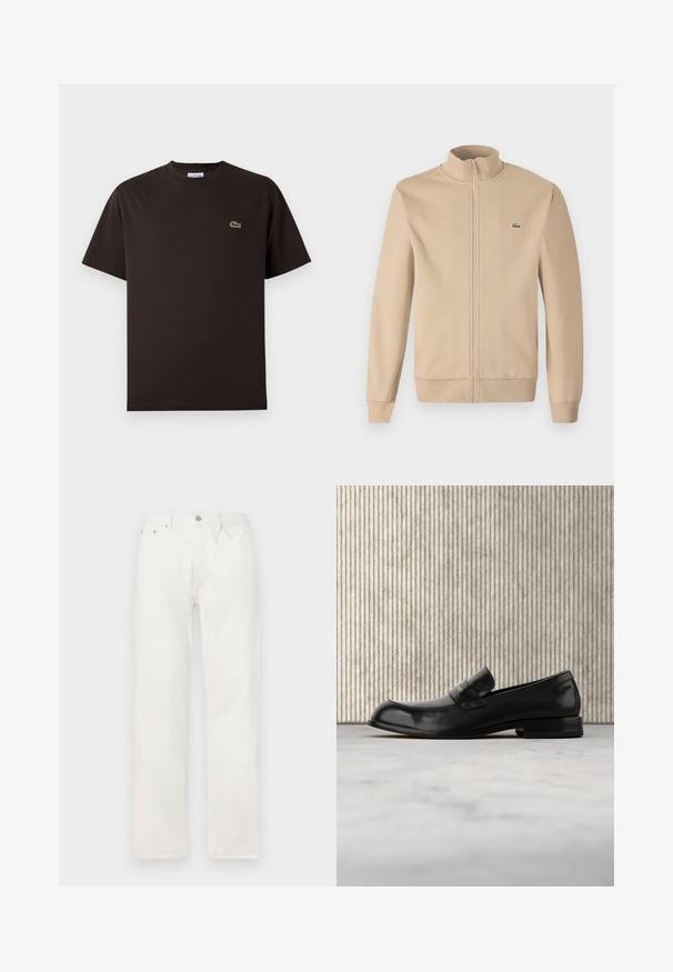 Beige zip-up jas met een rechtopstaande kraag, zachte stof, ribgebreide manchetten en een klein groen Lacoste-logo op de borst. Eenvoudig en minimalistisch ontwerp.; Bruine T-shirt met korte mouwen van katoen. Heeft een subtiele groene geborduurde krokodillogo op de linkerborst. Klassiek ontwerp met ronde hals.; Recht gesneden witte denim jeans met voorzakken, riemlussen en een knoopsluiting aan de taille, getoond tegen een effen achtergrond.; Zwarte leren loafer met metalen accent, zwevend weergegeven boven een beige tapijt, met een ronde, amberkleurige tafel op de achtergrond.