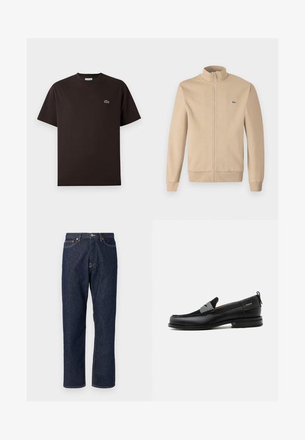 Veste beige zippée avec col montant, en tissu doux, poignets côtelés, et un petit logo vert Lacoste sur la poitrine. Design simple et minimaliste.; T-shirt marron à manches courtes en coton. Présente un logo crocodile brodé subtil en vert sur la poitrine gauche. Design classique à col rond.; Jean en denim bleu foncé avec une coupe droite. Comprend une fermeture à bouton et à fermeture éclair, cinq poches et des détails de surpiqure contrastants.; Mocassin en cuir noir avec détail de bride grise, talon bas et semelle texturée, marqué "HUGO" en or sur le côté.