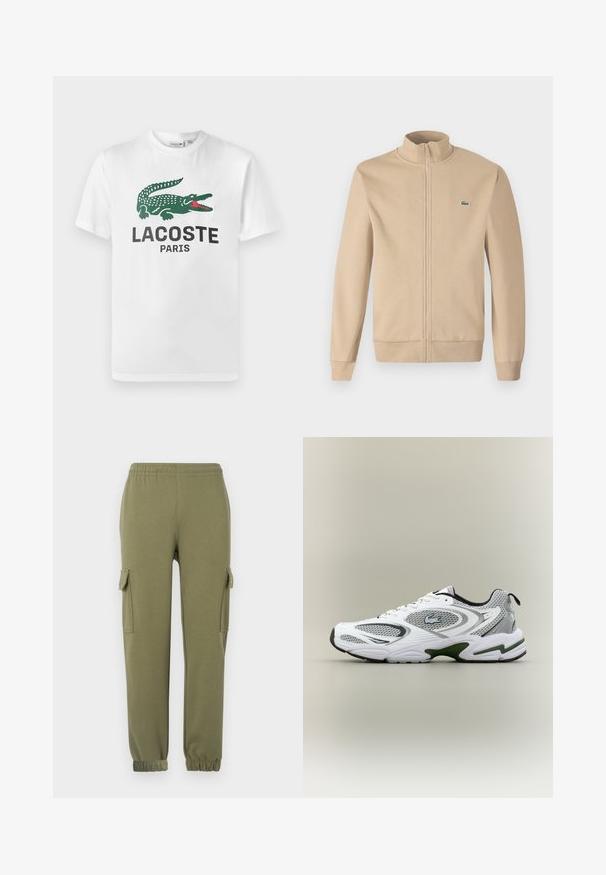 Béžová zipová bunda s stojatým golierom, mäkká tkanina, rebrované manžety a malé zelené logo Lacoste na hrudi. Jednoduchý a minimalistický dizajn.; Lacoste Tričko s potlačou - white; Nohavice cargo v olivovo zelenej ľahkej tkanine, s bočnými vreckami, elastickým pásom a zúženými manžetami pre priliehavý strih.; Biele a šedé športové bežecké topánky so sieťovými panelmi, zelenými akcentmi, čiernymi detailmi a logom na boku, zobrazené z vonkajšej strany.