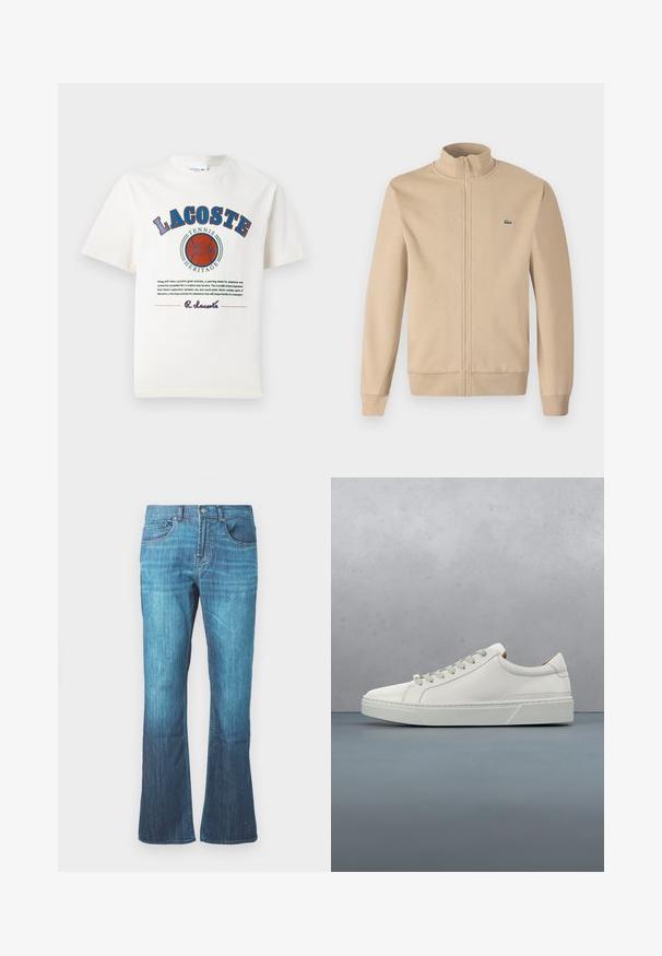 Beige zip-up jas met een rechtopstaande kraag, zachte stof, ribgebreide manchetten en een klein groen Lacoste-logo op de borst. Eenvoudig en minimalistisch ontwerp.; Witte katoenen t-shirt met blauwe en rode grafische tekst, illustraties en een logo op de voorkant, met een ronde halslijn en korte mouwen.; Mid-blue gewassen denim jeans met een lichte flare aan de onderkant, klassieke vijf-pocket ontwerp, en een sluiting met knoop en rits aan de voorkant.; Witte leren sneaker met een ronde neus, minimalistisch ontwerp, grijze veters en een gestructureerde grijze rubberen zool. Fijne stikdetails zichtbaar.