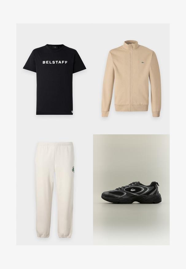 Beige zip-up jas met een rechtopstaande kraag, zachte stof, ribgebreide manchetten en een klein groen Lacoste-logo op de borst. Eenvoudig en minimalistisch ontwerp.; Zwarte katoenen t-shirt met een ronde halslijn, korte mouwen, en een witte "BELSTAFF" logo gedrukt over de borst.; Lichtbeige sweatpants van katoen, met een elastische tailleband, geribde boorden en een groen logo met een bladerenontwerp op het linkerpand.; Zwarte en grijze sport sneaker met meshpanelen, vetersluiting, dikke zool en een klein krokodillologo aan de zijkant.