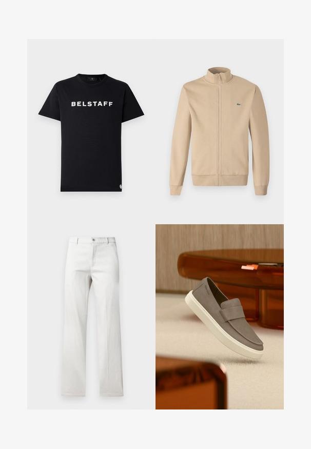 Beige Zip-Jacke mit Stehkragen, weichem Stoff, gerippten Bündchen und einem kleinen grünen Lacoste-Logo auf der Brust. Einfaches und minimalistisches Design.; Schwarzes Baumwoll-T-Shirt mit Rundhalsausschnitt, kurzen Ärmeln und weißem "BELSTAFF"-Logo, das über die Brust gedruckt ist.; Helle graue Hose mit geradem Bein, aus einem glatten Stoff gefertigt, mit vorderer Knopfverschluss und Seitentaschen.; Grauer Slip-On-Schuh aus Wildleder mit weißer Sohle, der über einem beigen Teppich schwebt, im Hintergrund durchscheinende orangefarbene Möbel.