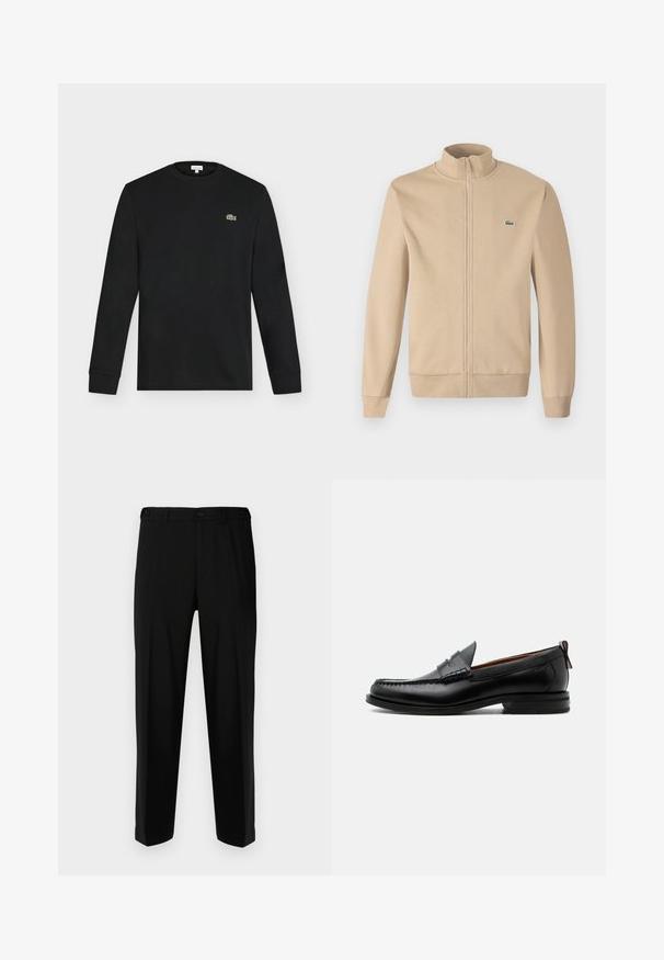 Beige Zip-Jacke mit Stehkragen, weichem Stoff, gerippten Bündchen und einem kleinen grünen Lacoste-Logo auf der Brust. Einfaches und minimalistisches Design.; Schwarzes Langarmshirt mit Rundhalsausschnitt und kleinem grünen Krokodil-Logo auf der linken Brust, vor einem einfarbigen hellen Hintergrund dargestellt.; Schwarze Hosen aus glattem Stoff, mit geradem Schnitt, zwei vorderen Taschen und einem Reißverschluss mit Knopfverschluss.; Schwarzer Leder-Herrenschuh mit Mokassinnaht, Penny-Riemen, strukturiertem Kragen und niedrigem gestapeltem Absatz auf weißem Hintergrund.