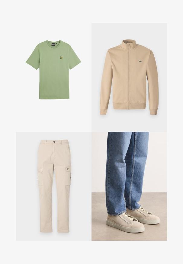 Beige vetoketjullinen takki, jossa on pystykaulus, pehmeä kangas, resorit sekä pieni vihreä Lacoste-logo rinnassa. Yksinkertainen ja minimalistinen muotoilu.; Vihreä lyhythihainen t-paita sileästä kankaasta, jossa on pieni keltainen lintulogo vasemmassa rinnassa. Pyöreä pääntie.; Beige cargo-housut, jotka on valmistettu puuvillasta, sisältävät kaksi sivutaskua, yhden takataskun ja pienen logon sivussa. Suorat lahkeet, kestävä kangas.; BOSS GARYTENN_SDHDEL - Matalavartiset tennarit - natural ten