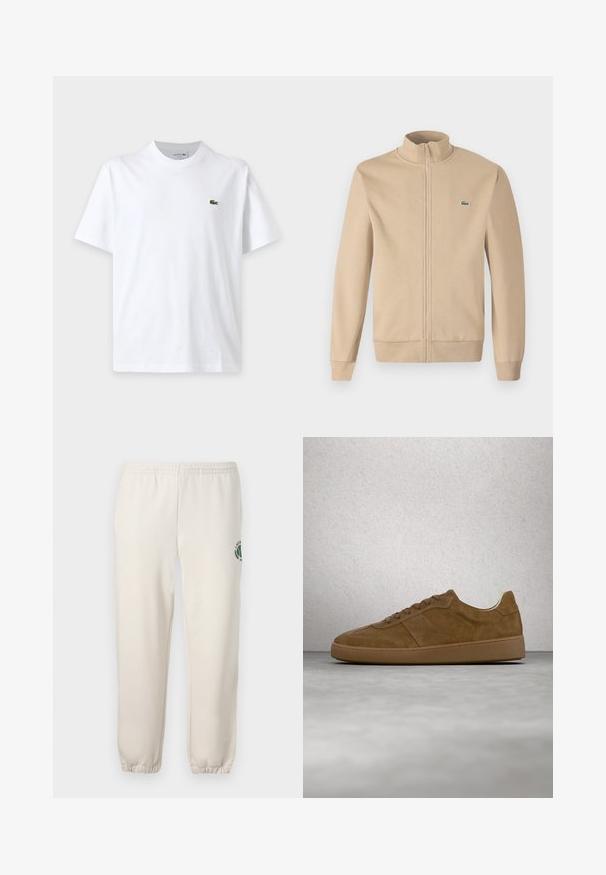 Beige Zip-Jacke mit Stehkragen, weichem Stoff, gerippten Bündchen und einem kleinen grünen Lacoste-Logo auf der Brust. Einfaches und minimalistisches Design.; Schlichtes weißes T-Shirt mit kurzen Ärmeln, Rundhalsausschnitt und kleinem grünem Krokodil-Logo auf der linken Brust.; Helle beige Sweatpants aus Baumwolle mit einem elastischen Bund, gerippten Bündchen und einem grünen Logo mit Blattdesign am linken Bein.; Brauner Veloursleder-Sneaker mit hellbraunen Schnürsenkeln und Gummisohle. Verfügt über eine abgerundete Zehenpartie und gestickte Details am Obermaterial. Leichtes Design.