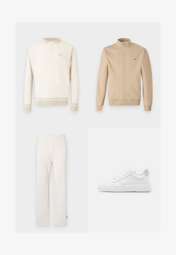 Chaqueta beige con cremallera y cuello alzado, fabricada en tejido suave, puños acanalados y un pequeño logotipo verde de Lacoste en el pecho. Diseño simple y minimalista.; Polo de manga larga de color beige con tejido de punto texturizado, cuello con botones y rayas en el dobladillo y los puños. Presenta una sutil marca en el pecho.; Pantalones de chándal de algodón beige con cintura elástica y logo bordado. Diseño de pierna recta con una textura suave y detalles de costura sutiles.; Zapatillas de cuero blanca con un acabado suave, punta redondeada, cordones planos y una suela texturada. Acento de ante gris en el talón.