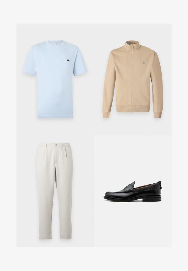 Beige Zip-Jacke mit Stehkragen, weichem Stoff, gerippten Bündchen und einem kleinen grünen Lacoste-Logo auf der Brust. Einfaches und minimalistisches Design.; Helles blaues T-Shirt mit kurzen Ärmeln aus weichem Baumwollmaterial. Verfügt über ein kleines grünes gesticktes Krokodil-Logo auf der Brust.; Hellbeige, lässige Hose mit leichtem Glanz, ausgestattet mit elastischem Bund, vorderen Taschen und einem schmal zulaufenden Bein.; Schwarzer Leder-Herrenschuh mit Mokassinnaht, Penny-Riemen, strukturiertem Kragen und niedrigem gestapeltem Absatz auf weißem Hintergrund.