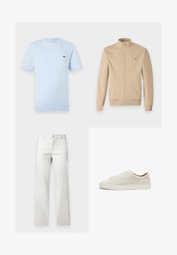 Chaqueta beige con cremallera y cuello alzado, fabricada en tejido suave, puños acanalados y un pequeño logotipo verde de Lacoste en el pecho. Diseño simple y minimalista.; Camiseta de manga corta azul claro hecha de un suave material de algodón. Presenta un pequeño logo bordado de cocodrilo verde en el pecho.; Pantalones grises claros con un diseño de pierna recta, fabricados en una tela suave, con cierre frontal de botón y bolsillos laterales.; Zapatilla baja de ante beige con cordones a juego, suela plana y sutil logo "BOSS" en relieve en el lateral, presentada en vista lateral.