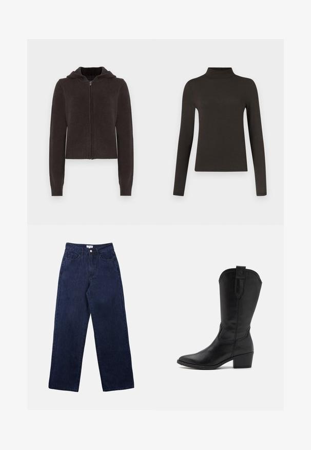 Donkergrijze hoodie met rits, voorzien van een geribbelde zoom en manchetten. Heeft een zachte textuur en een capuchon met trekkoord voor een verstelbare pasvorm.; Langarm turtleneck top in donkerbruin, gemaakt van zachte stof met een aansluitend ontwerp en een minimalistische uitstraling. Geen patronen of accenten.; Donkerblauwe denim broek met een recht been ontwerp, voorzien van een knoopsluiting aan de voorkant, riemlussen en twee voorkokers.; Zwarte leren cowboylaars met een spitse neus, enkellengte en een gestapelde hak. Voorzien van decoratieve stiksels en een lusje om aan te trekken.