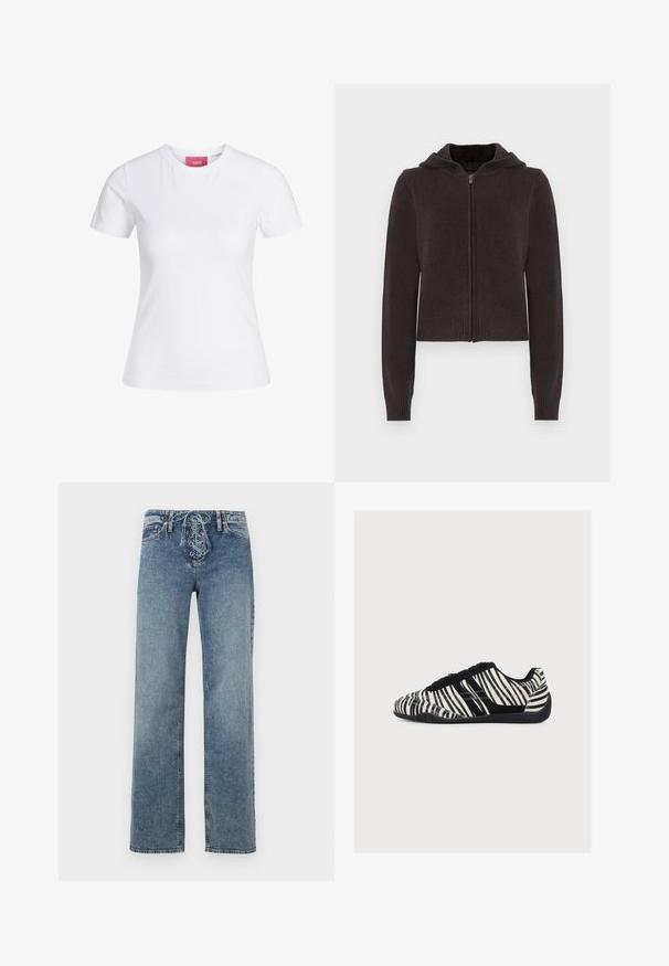 Mørkegrå hættetrøje med lynlås, ribkant ved kant og ærmer. Har en blød tekstur og en hætte med snørre for justerbar pasform.; Hvid slimfit t-shirt med korte ærmer og rund halsudskæring med en lyserød JJXX-label indeni kraven, vist mod en ensfarvet baggrund.; Blå denimjeans med lige ben og snørelukning foran med metaløjer, vist mod en hvid baggrund.; Lavprofil sneakers med sorte og hvide zebrastriber, sorte snørebånd og tekstureret sort sål, vist fra siden på en hvid baggrund.