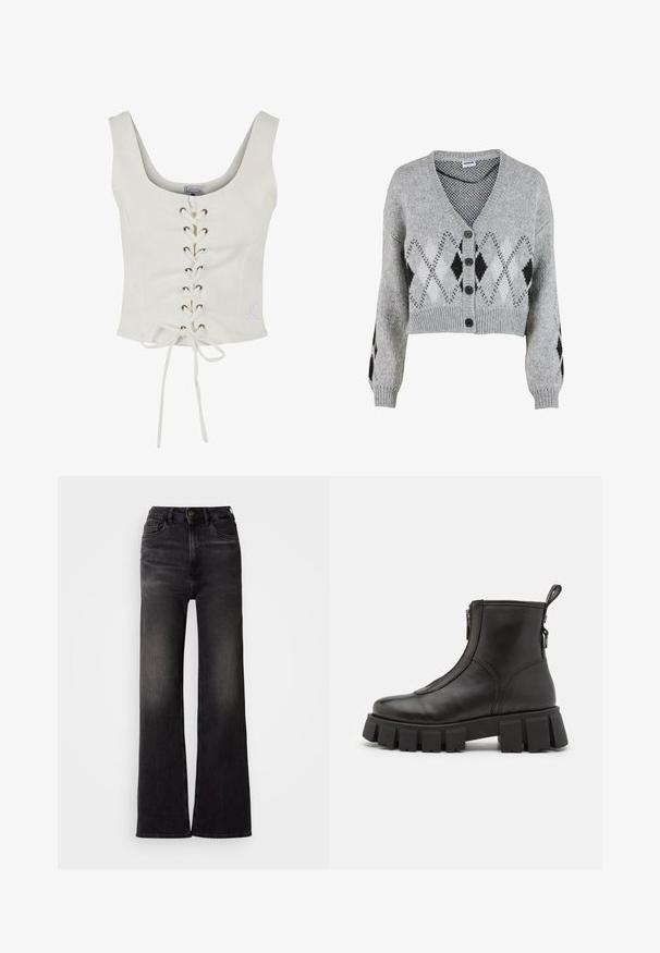 Grå cropped cardigan med V-hals, knaplukning foran og diamantmønster i sort og hvid. Lavet af tekstureret strikket stof med ribbede manchetter.; Hvid cropped top med brede stropper, snøring foran med brune øskner og bundet taljedetalje. Blødt stof med et minimalistisk design.; Sorte viddejeans lavet af denim, med fem lommer, en frontlukning med knap og en falmet finish for kontrast.; Sorte læder ankelstøvler med en tyk, ribbet sål, lynlås på siden og en løkke bagpå. Glat tekstur og minimalistisk design.