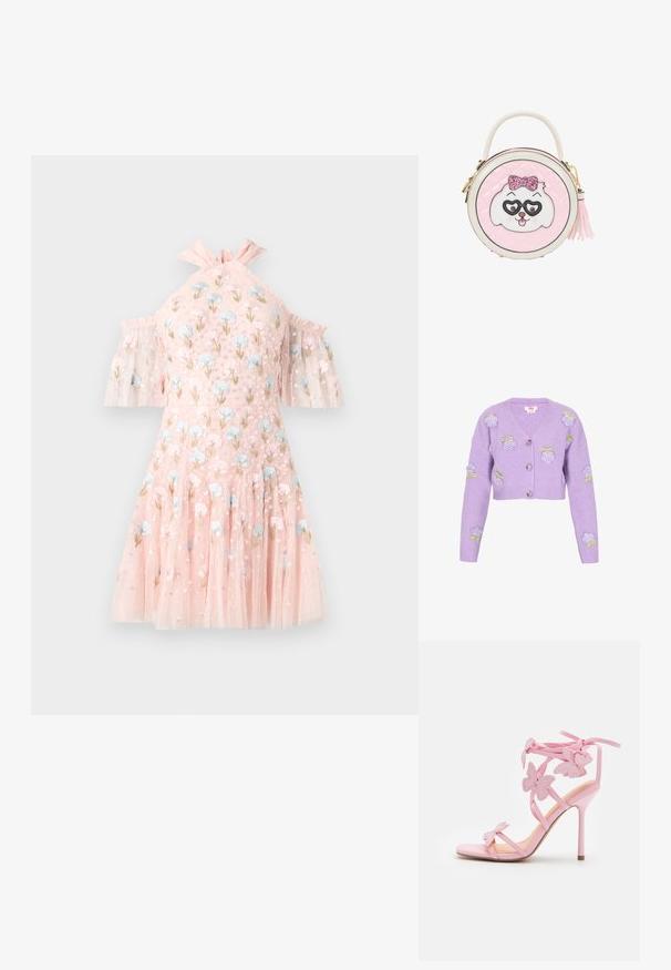 Lilla cropped cardigan lavet af ribbet stof, med broderede roser og grønne accenter, V-udskæring og tre knapper.; Pink kort kjole med kolde skuldersærmer, pyntet med blå og pink blomsterbroderi, gennemsigtig lagdelt tylstof og en flæsekantet udskæring.; Lyserøde højhælede sandaler med sommerfugle pynt, lavet af glat materiale. Har tynde stropper og en slank hæl.; Rund lyserød håndtaske med hvidt og lyserødt hundefjæs med glitrende sløjfe og hjerteformede briller, et topgreb og en sidekvast lynlås træk.