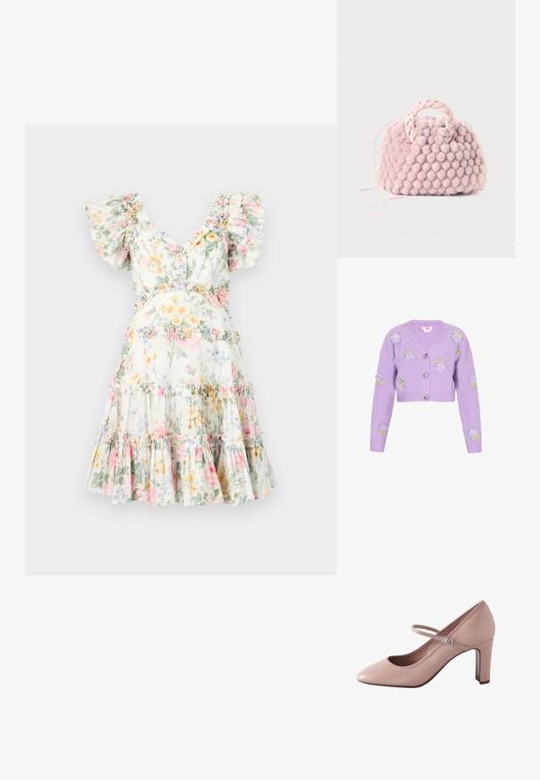 Lilla cropped cardigan lavet af ribbet stof, med broderede roser og grønne accenter, V-udskæring og tre knapper.; Blomstret kjole i let stof, med flæset ærmer, dyb V-udskæring og lagdelt nederdel med pastelblomster og matchende flæsede detaljer.; Lyserød læderhøjhælet sko med rundet tå, ankelrem og bølget kant. Har en slank blokhæle for støtte.; Lyserød pom-pom tekstureret håndtaske med et flet håndtag og en tynd rem. Rund form, blød overflade, kompakt design.