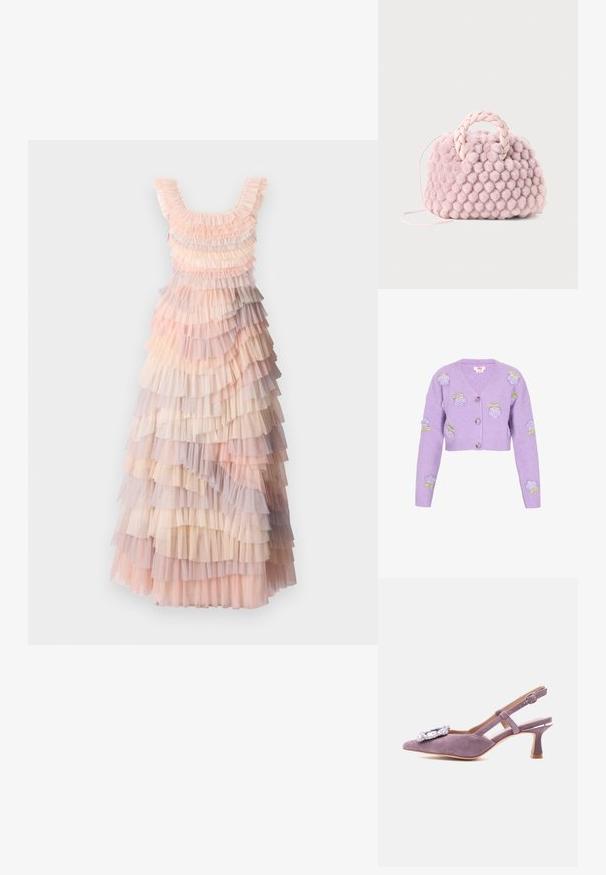 Cardigan court lilas en tissu côtelé, orné de roses brodées et d'accents verts, avec un décolleté en V et trois boutons.; Robe maxi à plusieurs couches avec des teintes douces de rose, crème et volants en tulle lilas, tissu texturé et décolleté arrondi.; Escarpin slingback en daim lavande avec bout pointu, talon évasé de hauteur moyenne, bride à boucle à la cheville et ornements en strass sur le dessus.; Sac à main en pompon rose texturé avec une poignée tressée et une fine sangle. Forme ronde, surface douce, design compact.