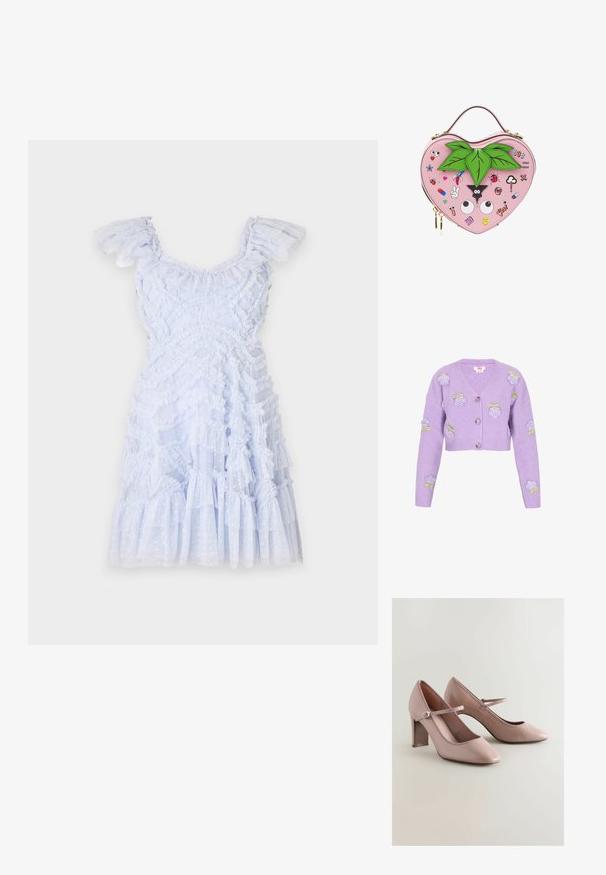 Cardigan court lilas en tissu côtelé, orné de roses brodées et d'accents verts, avec un décolleté en V et trois boutons.; Robe bleu clair avec des bretelles à volants, tissu texturé, design en couches et accents à pois. Ourlet évasé avec des volants tout au long.; Escarpins en cuir rose avec un bout pointu, un passepoil en dentelle le long de l'ouverture, et une large sangle de cheville avec une boucle métallique.; Sac à main rose en forme de cœur avec des feuilles vertes sur le dessus et divers patchs colorés de dessins animés, comprenant des yeux, une coccinelle et des emojis.