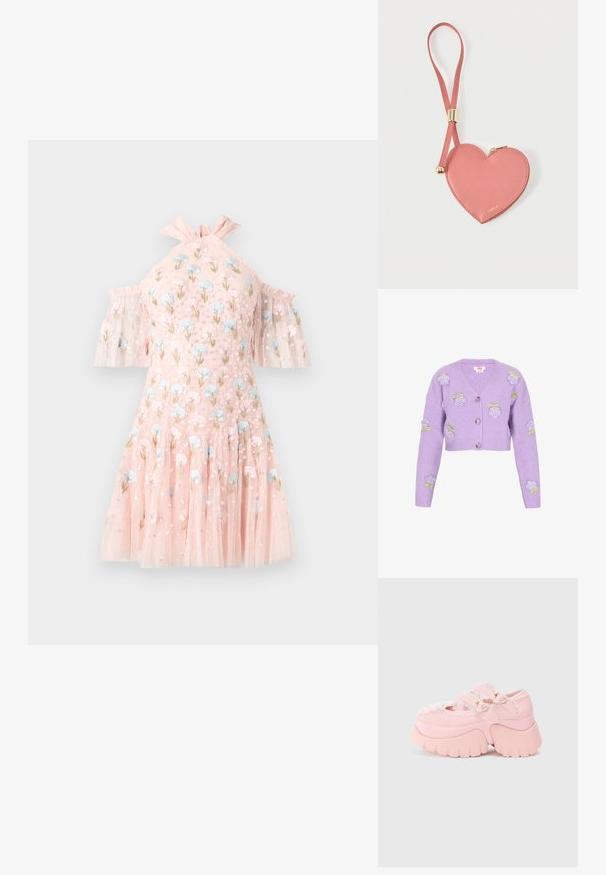 Cardigan court lilas en tissu côtelé, orné de roses brodées et d'accents verts, avec un décolleté en V et trois boutons.; Robe courte rose avec manches épaules dénudées, ornée de broderies florales bleues et roses, tissu en tulle transparent à couches, et encolure à volants.; Bottines chunky à plateforme rose avec des boucles en forme de cœur double, un bord en dentelle et une semelle épaisse sculptée sur un fond blanc uni.; Pochette à pièces en cuir rose en forme de cœur avec sangle de poignet et fermeture éclair dorée, marquée d’un petit texte doré "Furla".
