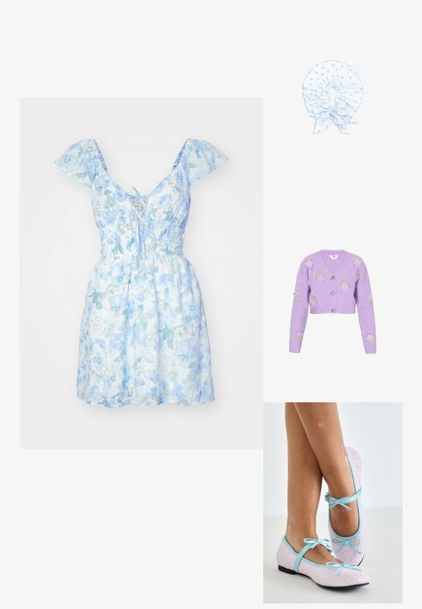 Lilla lühike kardigan ribakanga valmistatud, millel on broderitud roosid ja rohelised detailid, V-kaelus ja kolm nuppu.; Kerge sinine ja valge lilleline kleit, lühikesed puffvarrukad, lipsesulgemise detail, kogutud vöökoht ja laienev seelikuosa, millel on pehme ja tekstureeritud kangas.; Ballettlameedega kingad, millel on roosa sädelusega välimus, sinise nahkdetailide ja aktsentidega, reguleeritavate rihmadega, millel on kaunistused ja väike must konts.; Hele sinine polka dot kangast krae volangide ja sõlmitud paelaga ees, mõeldud kaunistava kaelasuuna tarvikuna.