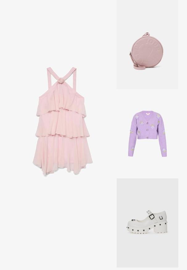 Lilla cropped cardigan lavet af ribbet stof, med broderede roser og grønne accenter, V-udskæring og tre knapper.; Lys rosa ærmeløs kjole med lagdelte flæser, prydet med en roseaccent bagpå og krydsede stropper, lavet af letvægtsstof.; Hvide platform sko med en rund tå, spænde og cirkulære nitter. Tekstureret sål med en let hæl og dekorativ hardware detalje.; Rund, lyserød lædertaske med præget tekst og hjerte-design, der har en aftagelig skulderrem og en glat overflade.