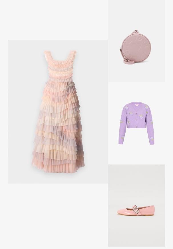 Cardigan court lilas en tissu côtelé, orné de roses brodées et d'accents verts, avec un décolleté en V et trois boutons.; Robe maxi à plusieurs couches avec des teintes douces de rose, crème et volants en tulle lilas, tissu texturé et décolleté arrondi.; Ballerines en cuir verni rose avec un bout carré, détail de sangle à boucle et une semelle en caoutchouc plate. Texture lisse sur l'ensemble.; Sac en cuir rose rond avec texte embossé et motif de cœur, doté d'une bandoulière amovible et d'une texture lisse.