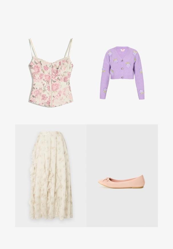 Lilac cropped cardigan made of ribbed fabric, featuring embroidered roses and green accents, with a V-neckline and three buttons.; Floral corset-style top with pink flowers and green leaves on cream background, thin cream straps, and lace trim along the neckline.; Long cream skirt with subtle floral pattern and cascading ruffle details, made from lightweight, sheer fabric.; Ballet flat shoe in light pink synthetic material with a rounded toe, featuring a small bow detail and a flexible sole.