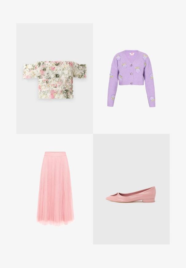 Cardigan court lilas en tissu côtelé, orné de roses brodées et d'accents verts, avec un décolleté en V et trois boutons.; Haut floral décolleté en blanc avec des motifs froncés roses et verts. Fabriqué en tissu légèrement élastique pour un look ajusté.; zero MIT PLIESSENDEM BECHER - Jupe plissée - bridal rose; Ballerine plate en cuir verni rose avec bout pointu, ornée d'un petit nœud sur le cou-de-pied et un talon carré bas.