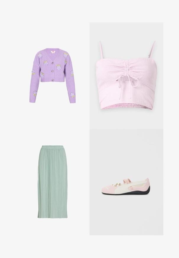 Lilac cropped cardigan made of ribbed fabric, featuring embroidered roses and green accents, with a V-neckline and three buttons.; Light pink cropped top with adjustable spaghetti straps, gathered front detail, and elasticized hem. Textured fabric adds softness.; Light green pleated midi skirt with elastic waistband, straight fit, and lightweight fabric.; Pink suede slip-on shoe with white accents, rubber sole, and elastic straps. Features a textured design and a small logo on the front.