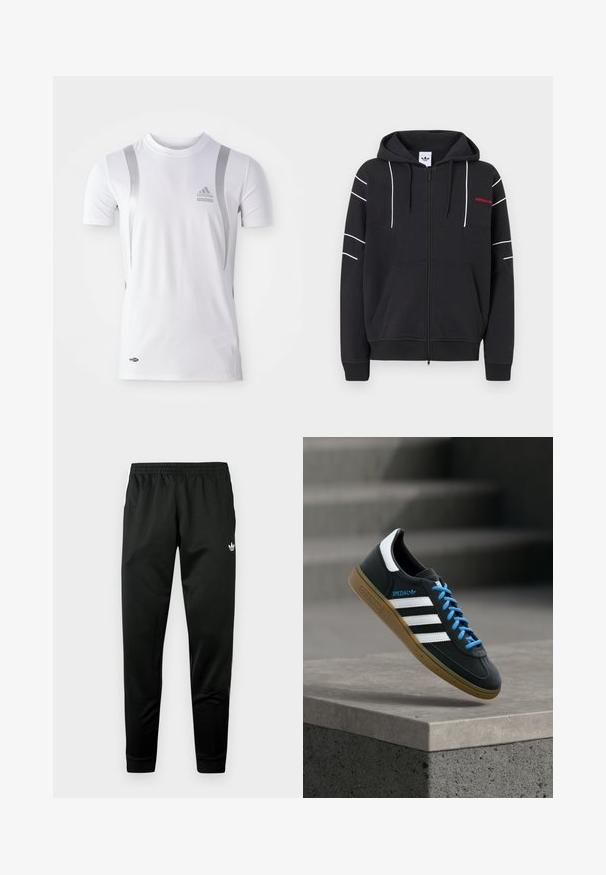 Musta vetoketjullinen huppari, jossa valkoiset koristesaumat hihoissa ja rinnassa, etutaskut, kiristysnyörillä varustettu huppu sekä pieni punainen Adidas-logo vasemmassa rinnassa.; Valkoinen lyhythihainen urheilupaita hopeisilla yksityiskohdilla, jossa on pyöreä kaula-aukko ja Adidas-logo rinnassa. Valmistettu kosteutta siirtävästä kankaasta.; Mustat urheiluhousut joustavalla vyötäröllä, kavennetut lahkeet ja valkoiset logoyksityiskohdat edessä. Sileä, kevyt kangas.; Musta Adidas-tennari valkoisilla raidoilla, sinisillä nauhoilla ja kumipohjalla kelluu pehmeässä valossa harmaan betonisen portaan yllä.