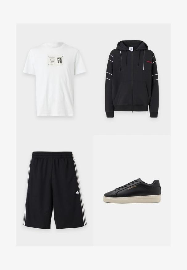 Sweat à capuche noir zippé intégral avec passepoil blanc sur les manches et la poitrine, poches avant, capuche à cordon de serrage, et petit logo Adidas rouge sur le côté gauche de la poitrine.; T-shirt en coton blanc avec une impression graphique en noir et blanc d'un crâne dans un cadre rectangulaire sur le devant. Manches courtes, col rond.; Shorts en mesh noir avec des bandes latérales blanches et un petit logo blanc en bas à gauche sur le devant. Taille élastique pour un ajustement confortable.; Sneaker en cuir noir avec une finition lisse, semelle crème contrastante, bout arrondi, logo doré sur le côté et six œillets pour les lacets.